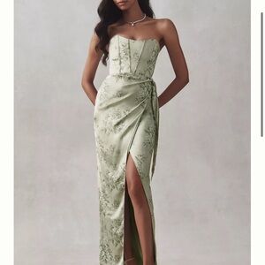 V. CHAPMAN JUNE PRINTED CORSET FRONT-SLIT SATIN GOWN